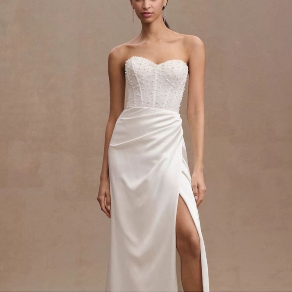 Watters Strapless White Beaded Sweetheart Gown with Side Slit